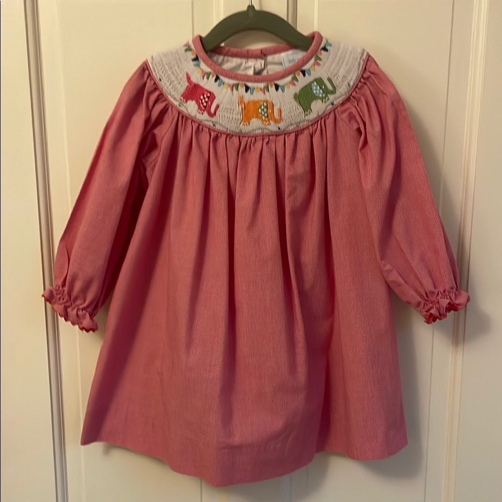 Little English Pink Smocked Dress with Elephant Embroidery